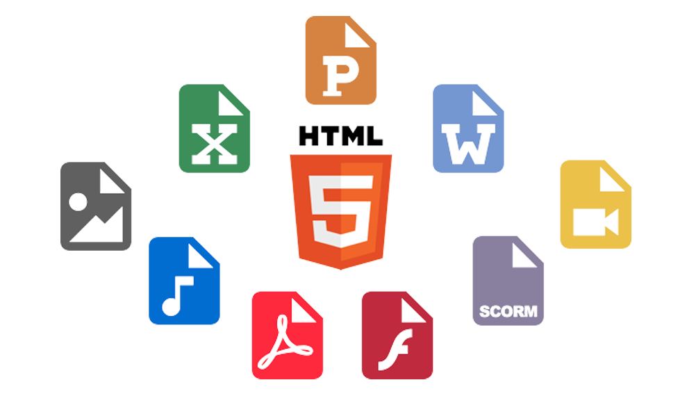 Logos représentant les différents types de formats compatibles avec Lära LMS et la technologie HTML5 (Scorm, images, vidéo, audio, PDF, fichiers Office)