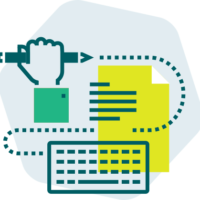 Illustration montrant une main tenant un crayon créant des contenus de formation