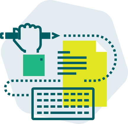 Illustration montrant une main tenant un crayon créant des contenus de formation