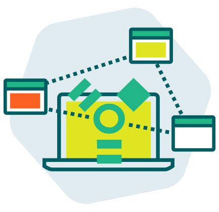 Illustration de la fonction multiportail montrant un ordinateur et 3 différents portails ayant leur propres couleurs.