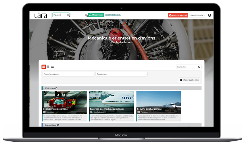 Image de la plateforme Lära sur un ordinateur portable montrant un catalogue de formation
