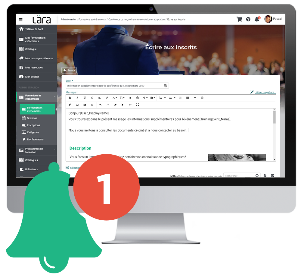 Image de la plateforme Lära sur un ordinateur montrant la création des notifications