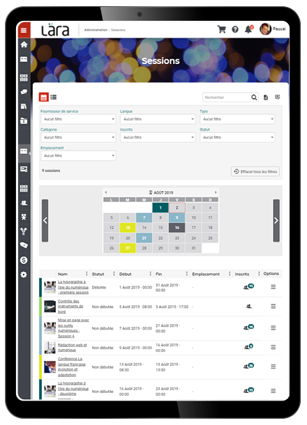 Image de la plateforme Lära sur un iPad montrant la gestion des sessions