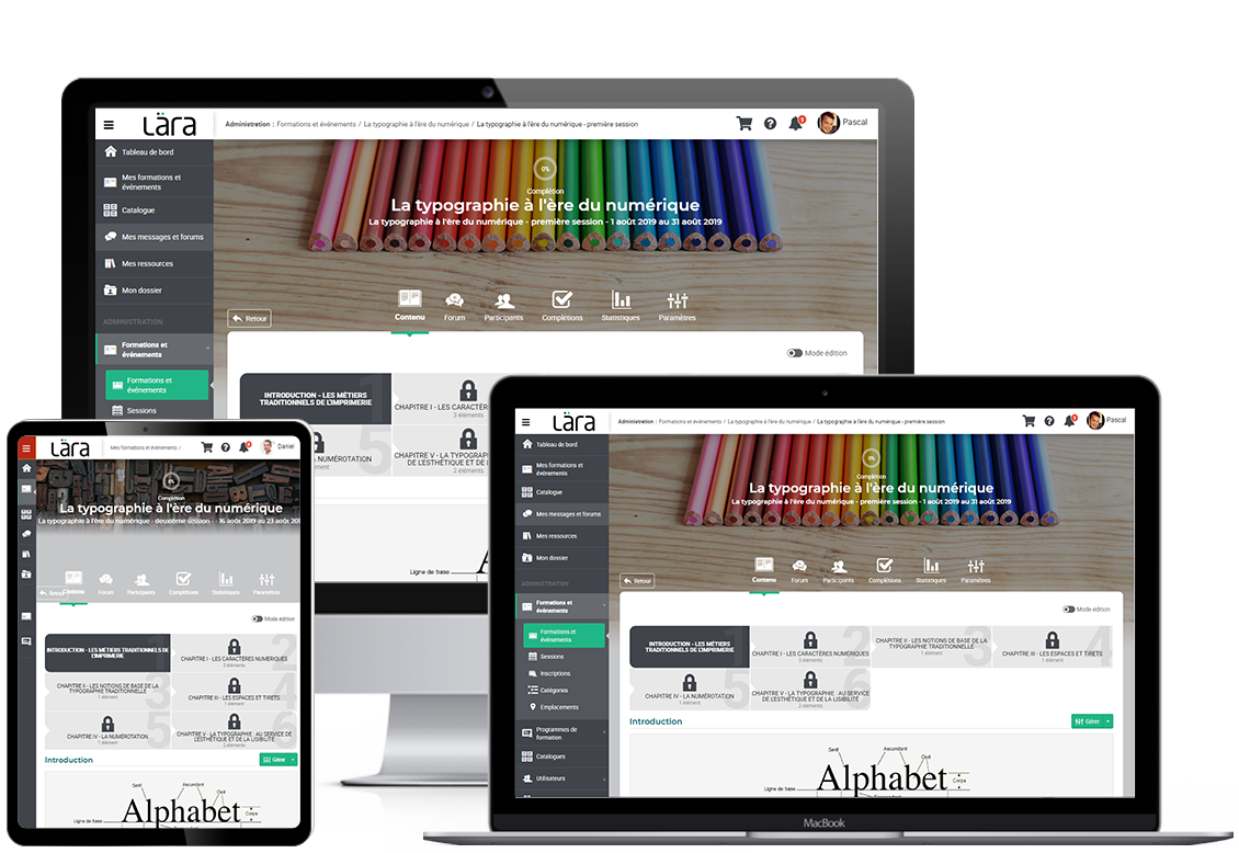 Représentation d'une formation à plusieurs modules sur l'écran d'une tablette, d'un ordinateur portable et d'un ordinateur
