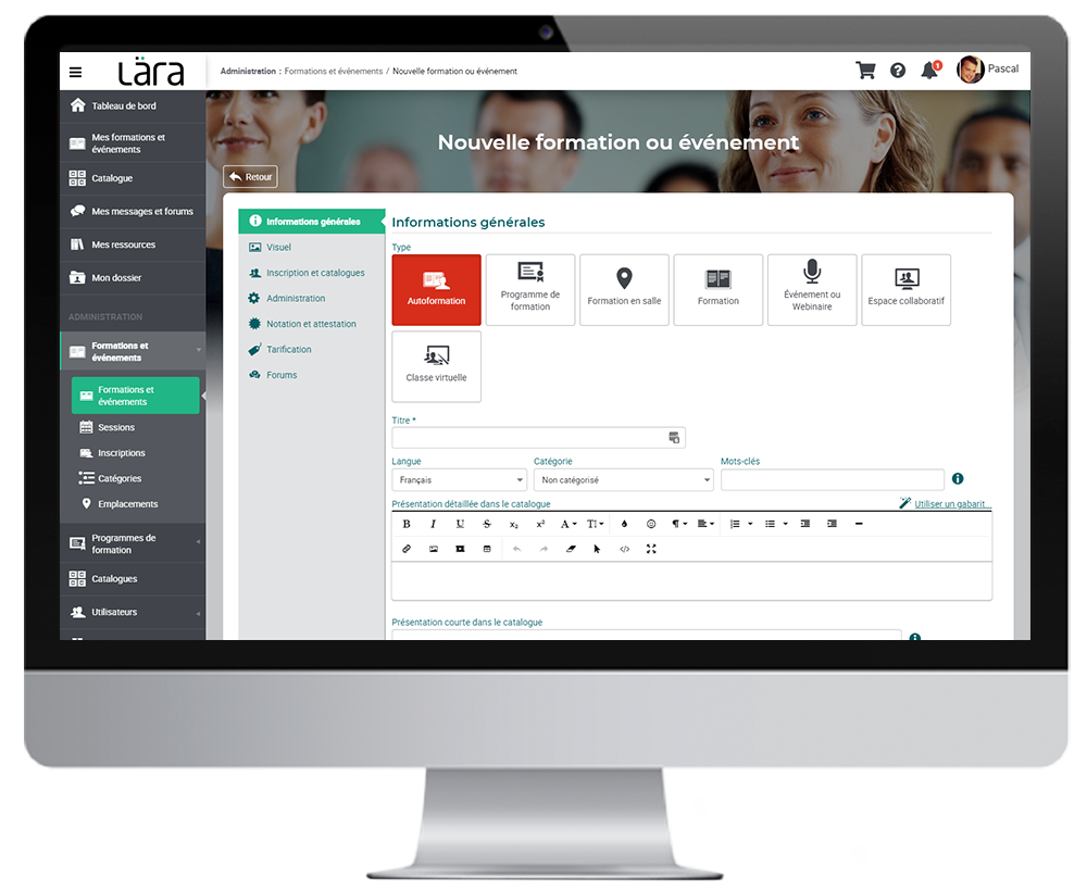 Tableau de bord de création d'une nouvelle formation présenté sur un ordinateur