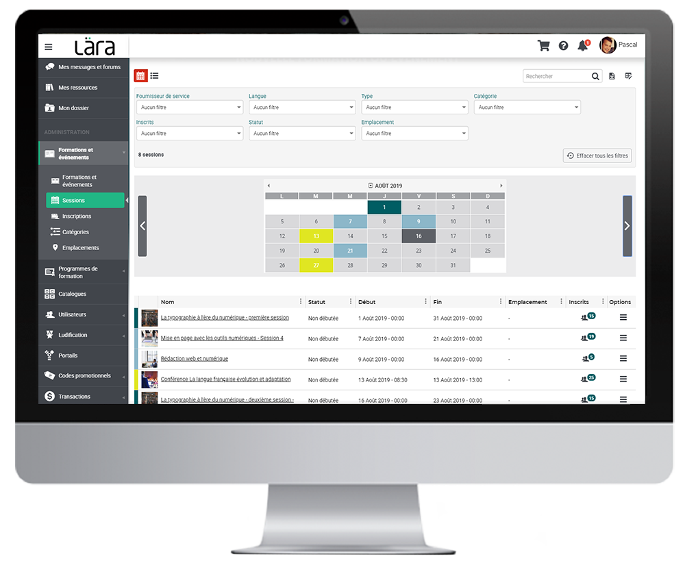 Tableau de bord présentant les sessions de formation prévues dans un calendrier sur un ordinateur
