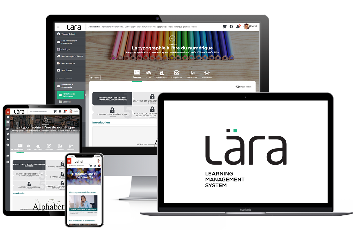 Représentation de la plateforme Lära LMS sur une tablette, un téléphone et un ordinateur