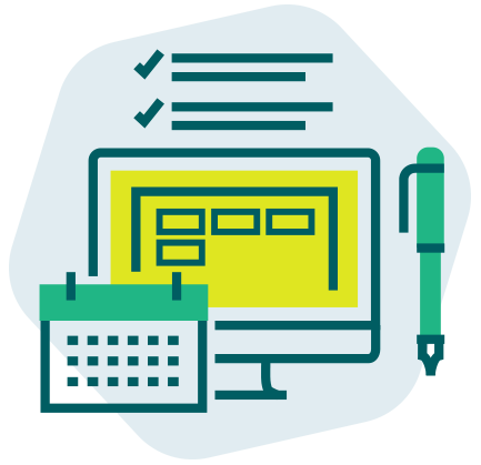 Illustration de la fonction catalogue de formation avec un écran montrant des formations et un calendrier.