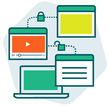 Illustration d'un processus d'apprentissage représentant des contenus liés entre eux en étapes.