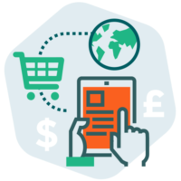 Illustration de la fonction e-commerce avec une tablette, un panier d'achat et des devises.