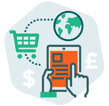 Illustration de la fonction e-commerce avec une tablette, un panier d'achat et des devises.