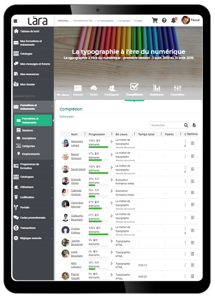 Tableau de bord administrateur Lära LMS montrant la progression des apprenants sur un écran de tablette
