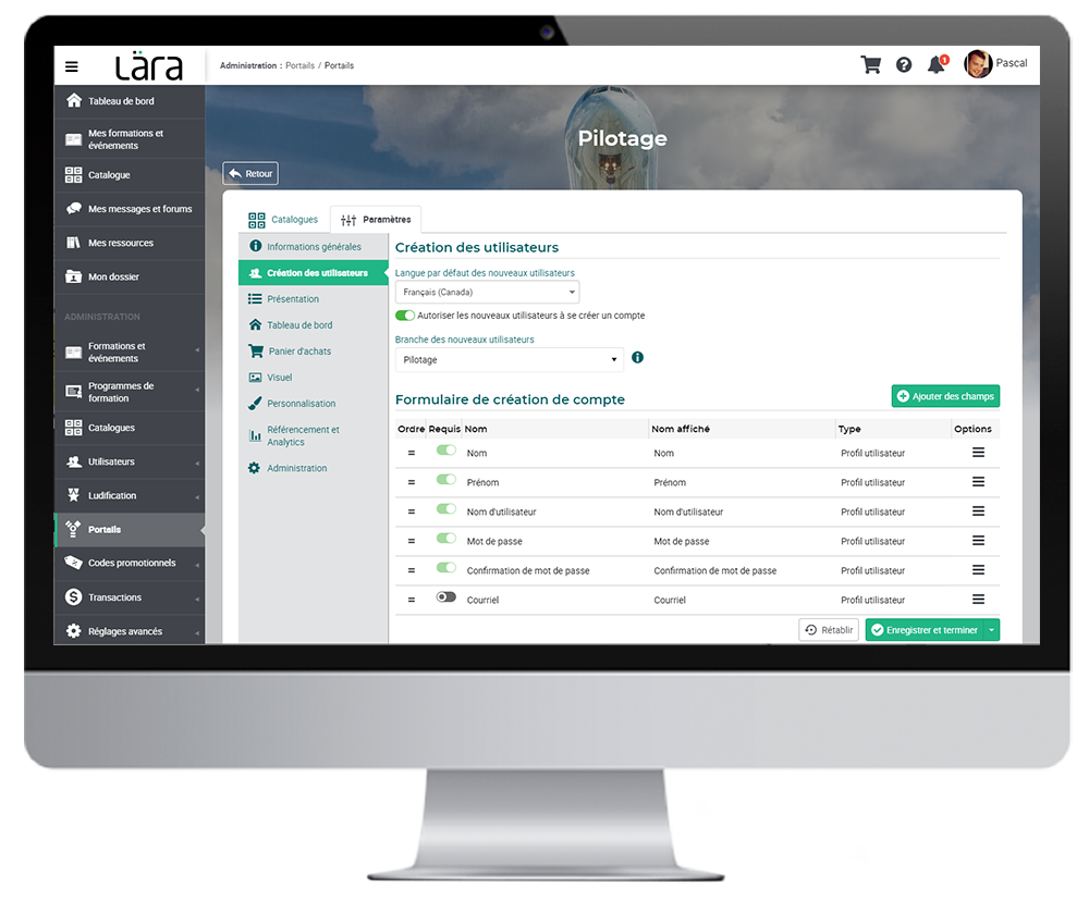 Image de la plateforme Lära et de la fonction de création et gestion des utilisateurs