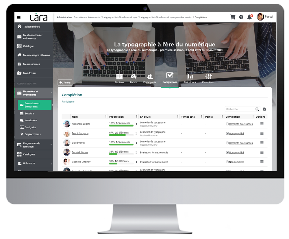 Image de la plateforme Lära et de la fonction rapport d'avancement