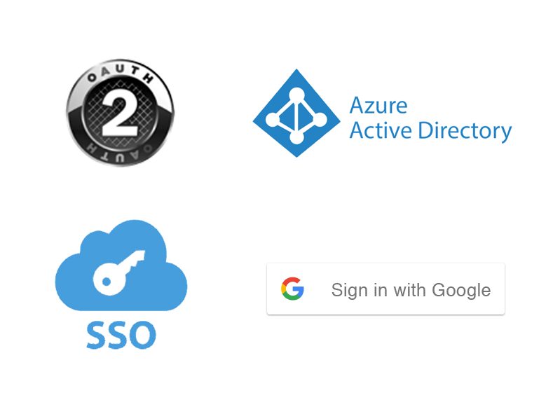 Logos des différentes solutions d'authentification unique compatibles Lära (Open Auth, Azure Active Directory, Google).