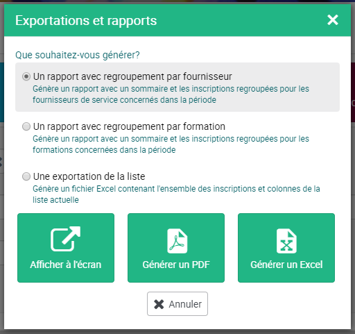 Capture d'écran montrant l'outil de génération de rapports aux formats PDF et Excel