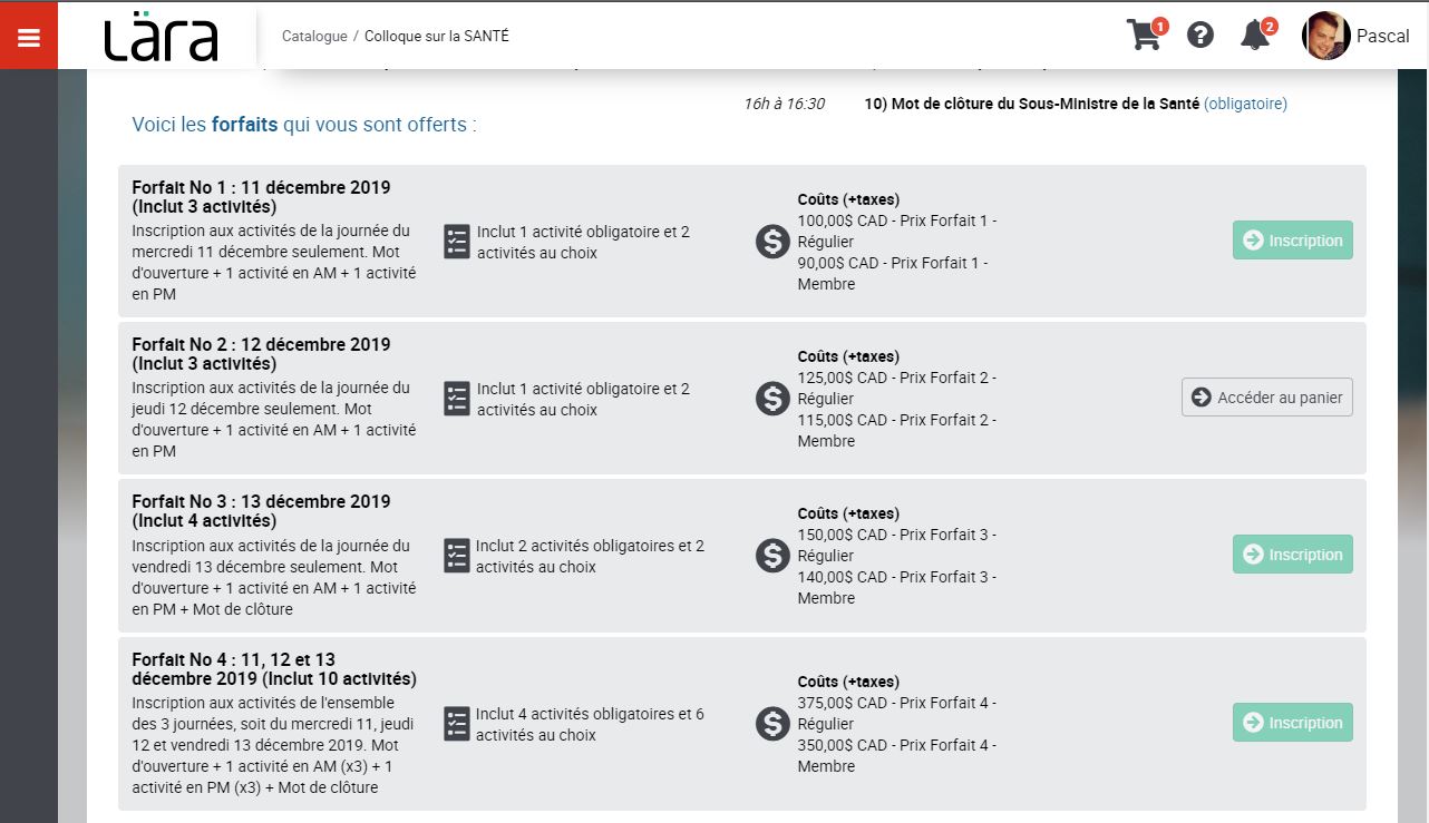 Exemple de page de sélection des forfaits comprenant 4 forfaits distincts