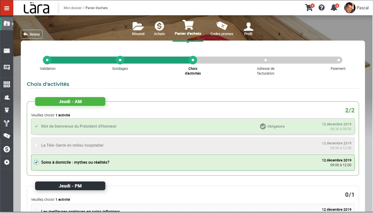 Sélection d'une activité à la carte Lära LMS