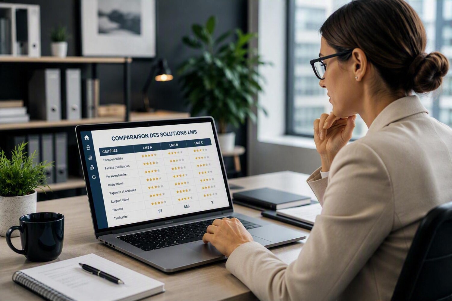Gestionnaire RH qui compare des solutions LMS sur ordinateur portable