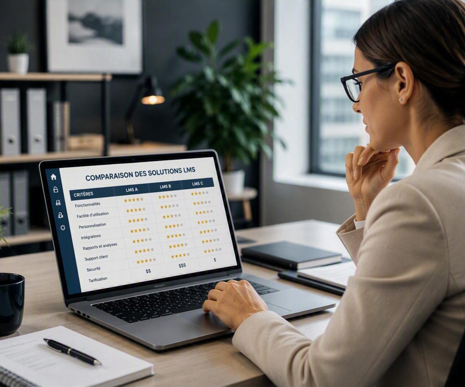 Gestionnaire RH qui compare des solutions LMS sur ordinateur portable